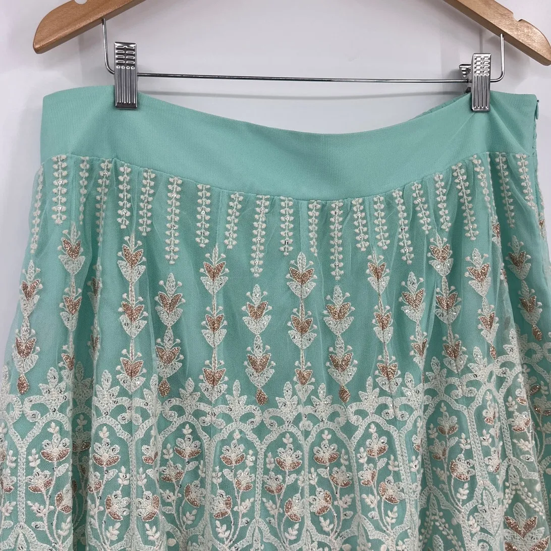 Soft Surroundings Lace Boho Maxi Skirt PXL Aqua Embroidered Floral Mesh Fairy - Image 3