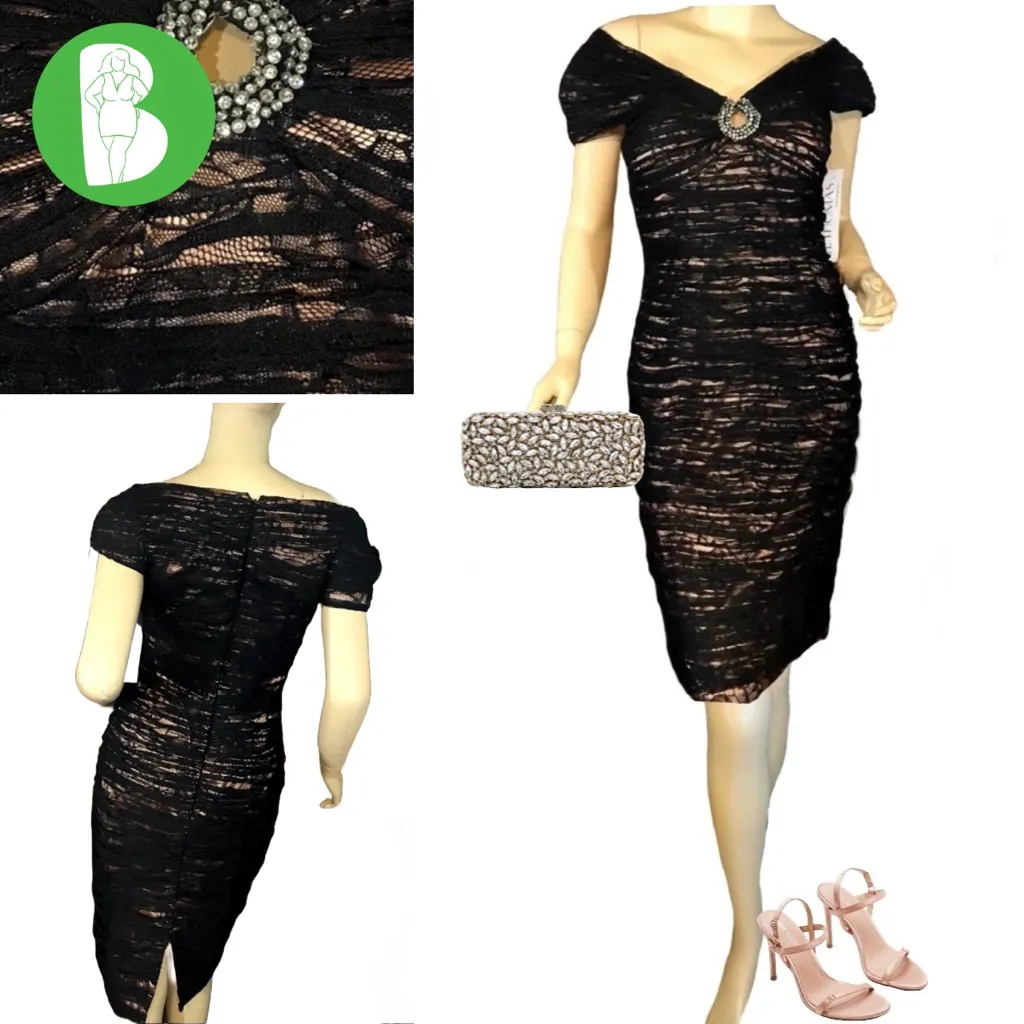 JOVANI BLACK LACE & BLUSH SATIN OFF-THE-SHOULDER COCKTAIL DRESS NWT (6) - Image 2