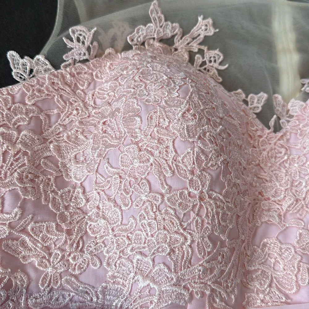 Woman’s Pink Formal Dress Gown with Sheer Lace Top Leg Slit Zip Back Size 14 - Image 11