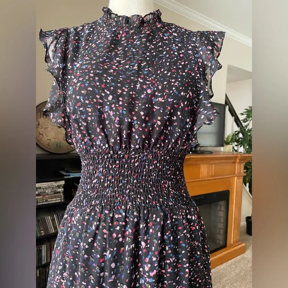 AQUA Flutter Sleeve Midi Sheer Fabric Dress Smocked Waist Confetti Print Size XS - Image 9