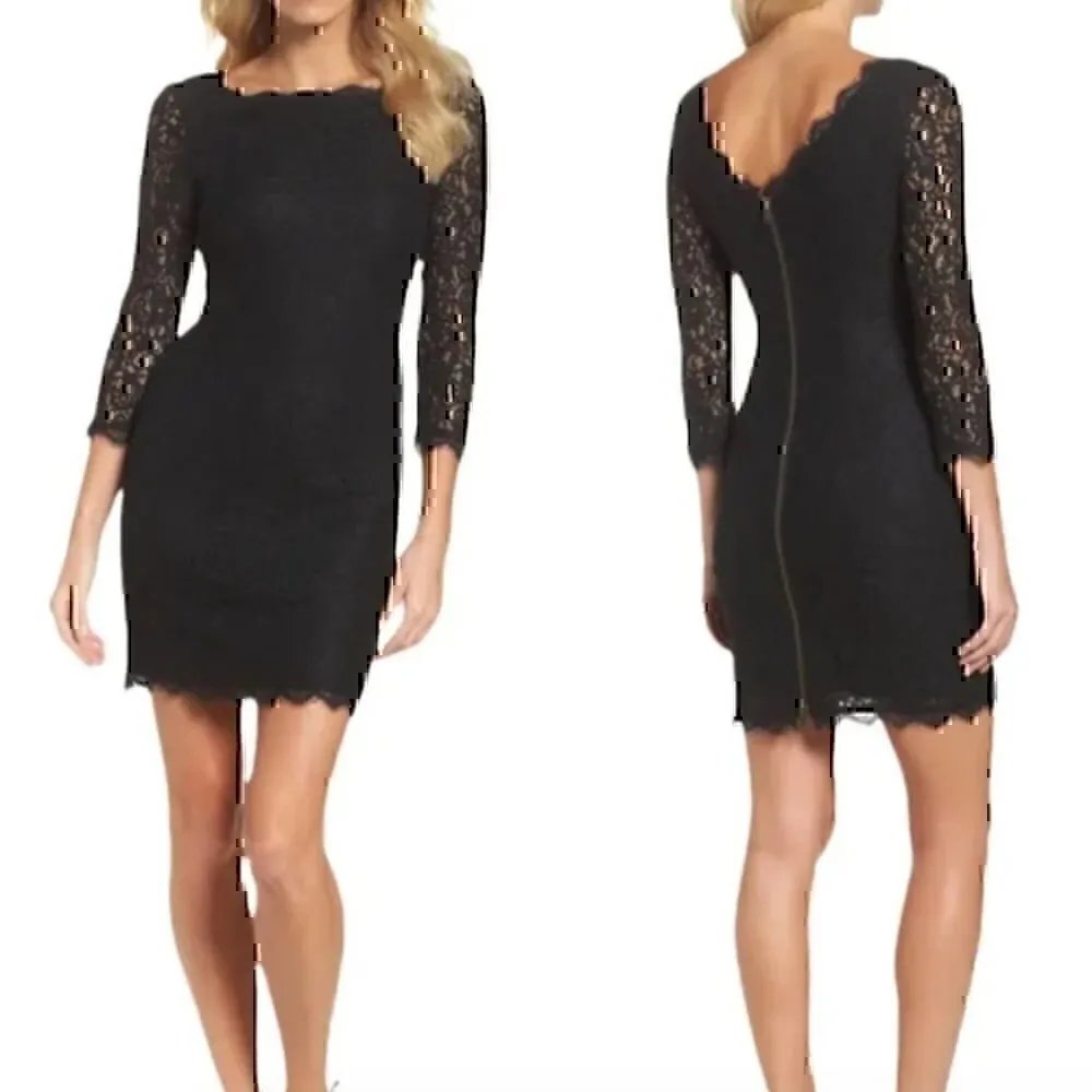 ADRIANNA PAPELL Black Lace Square Neck / V V-Neck Back 3/4 Sleeve Sheath Dress 4 - Image 3
