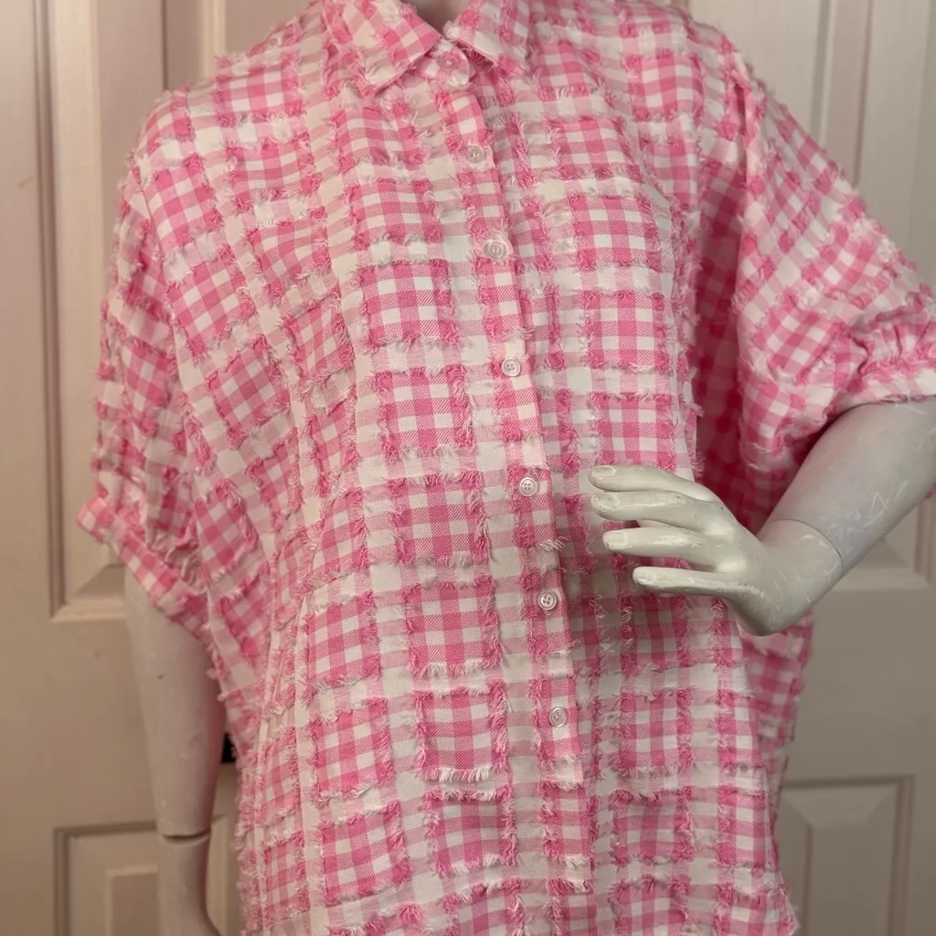 BiBi Pink and White Checkered Shirt Size Large. - Image 2