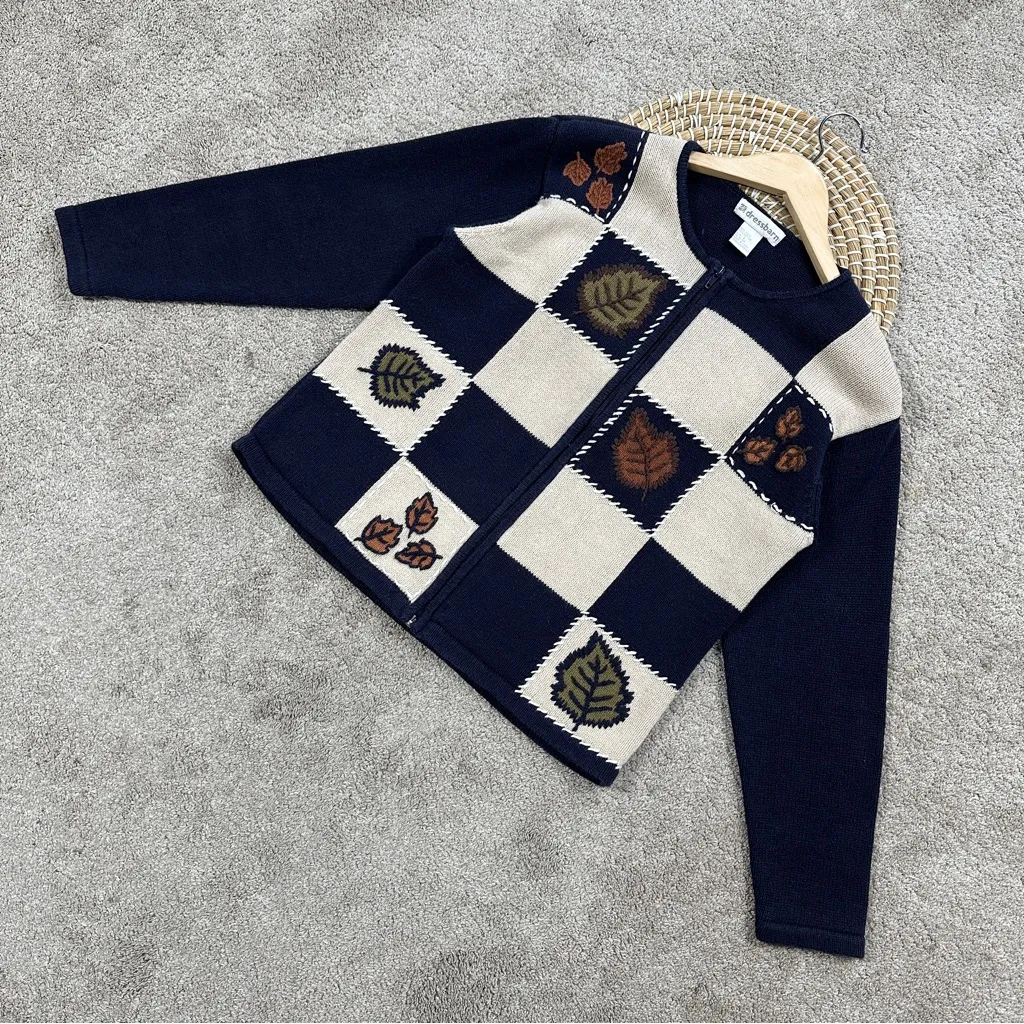 dressbarn Fall Leaves Patchwork Knot Sweater Cardigan Full Zip Grandmacore L Blue Size L - Image 2