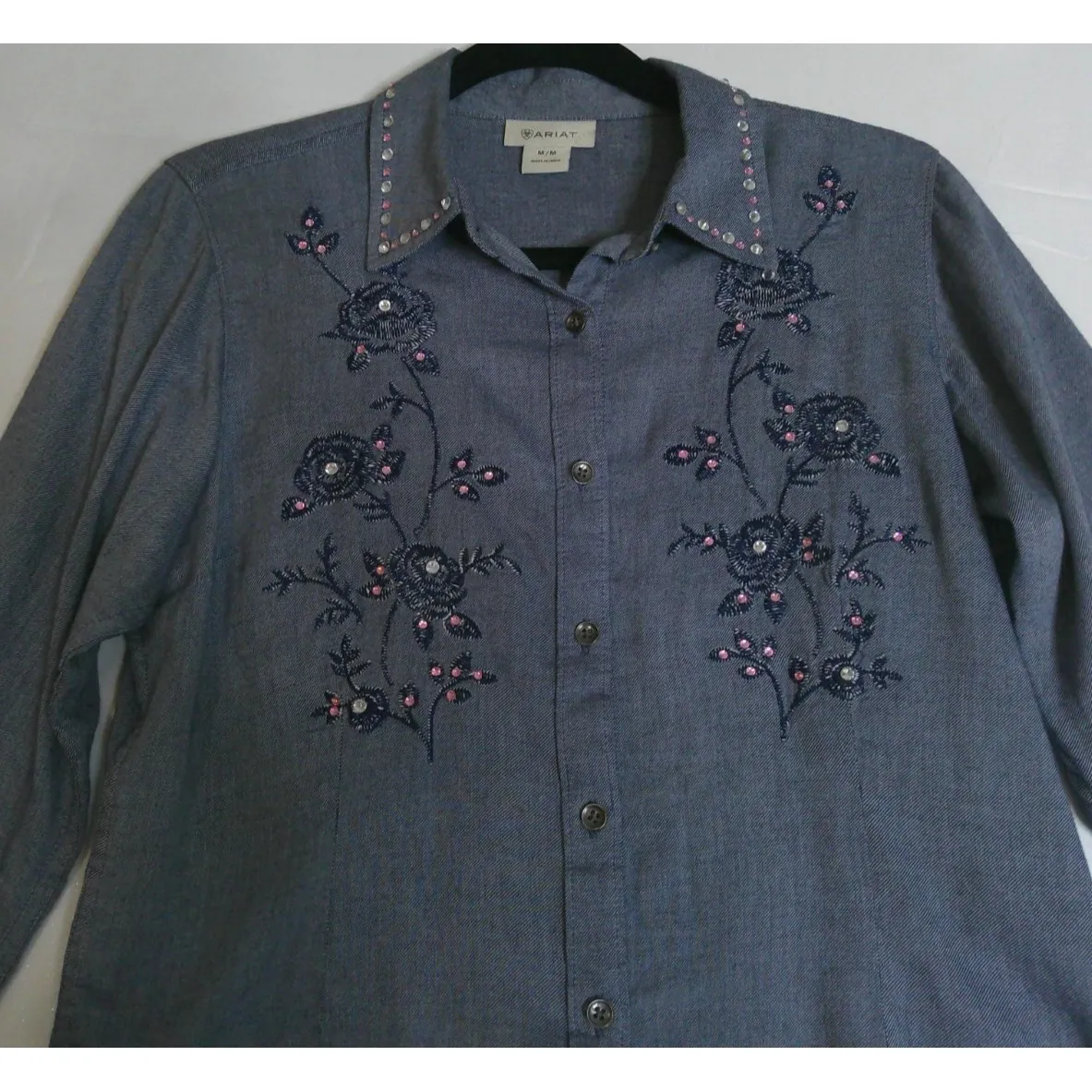 Ariat‎ Womens Medium Chambray Blue Embellished Top Button Blouse Western Rodeo - Image 2