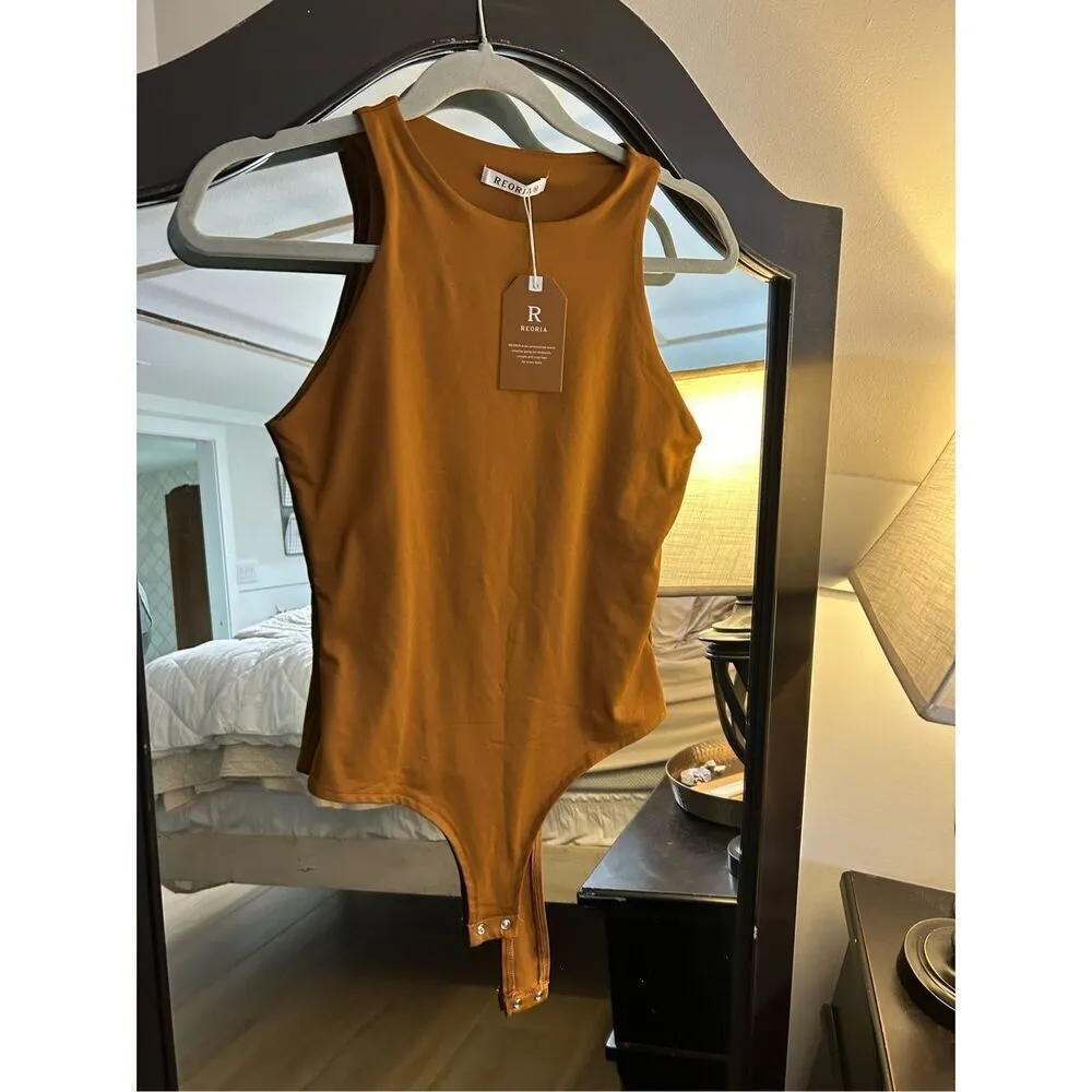 NEW REORIA Sleeveless Racer Back Halter Neck Bodysuit Tank Top M Brown Size M - Image 7