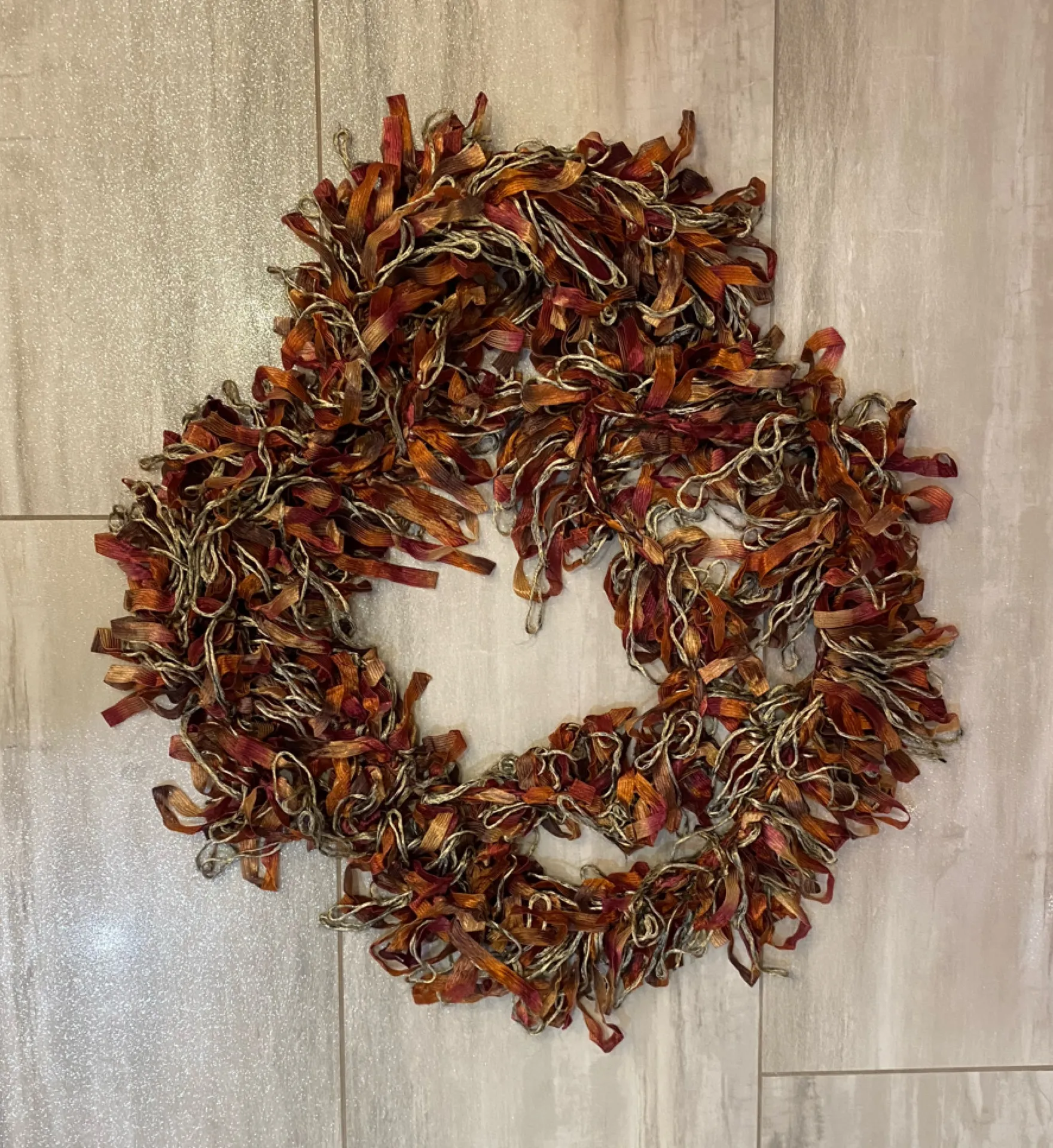 Autumn Rust, Orange and Brown Tied Loop Yarn Handmade Neck Wrap Scarf - Image 1