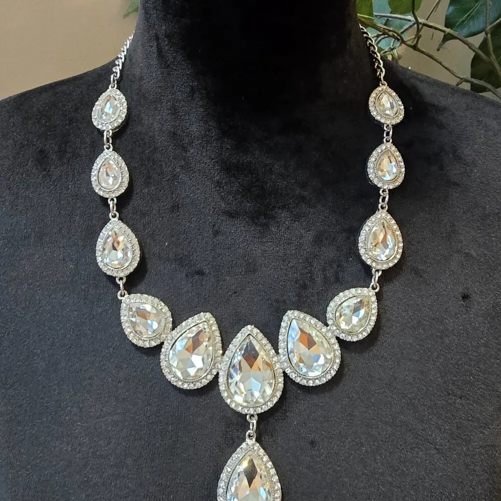 Natasha Silver Crystal Wedding Necklace Rhinestone Teardrop Pendant Bridal - Image 2