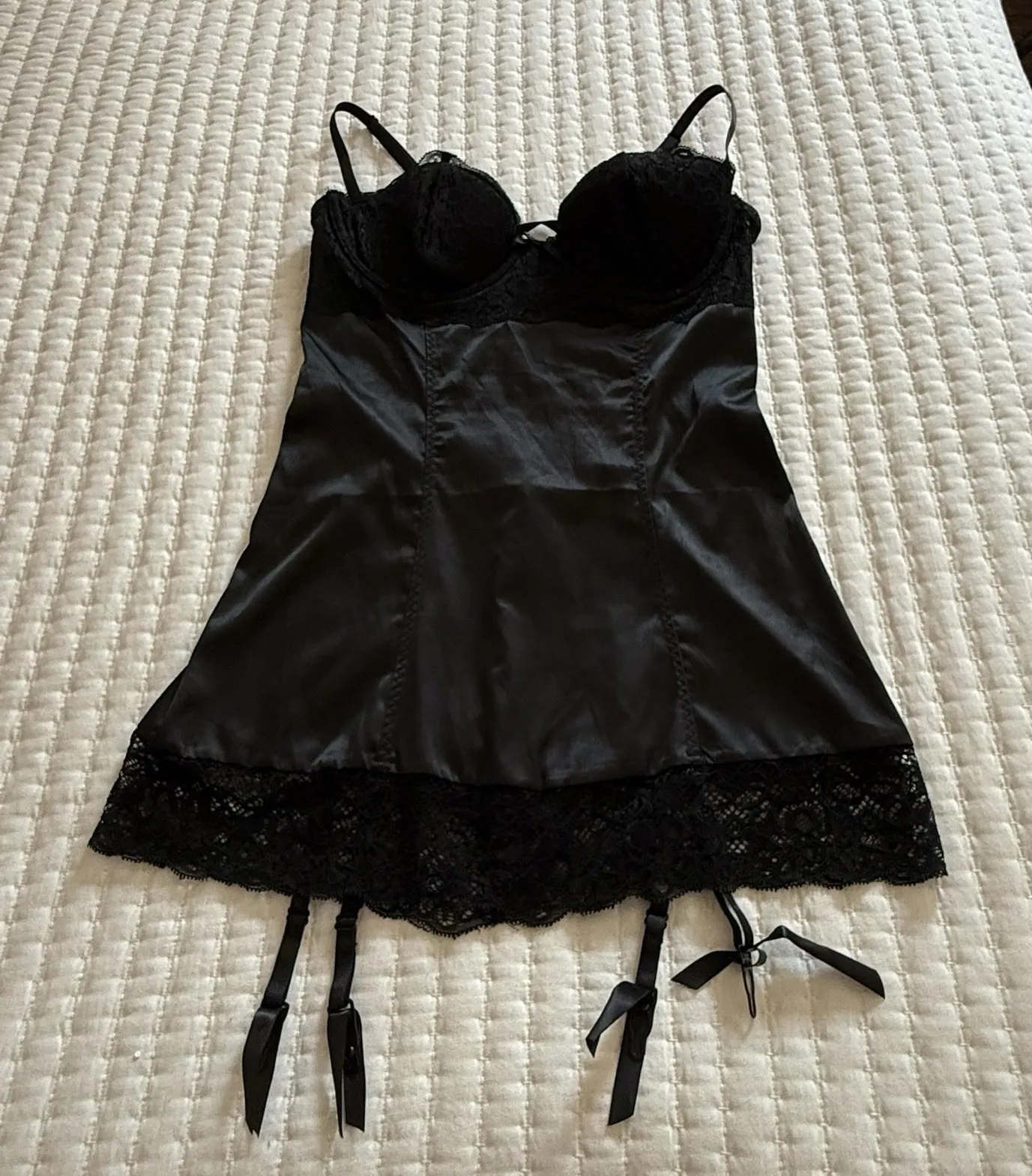 Fredrick’s Of Hollywood Black Babydoll Chemise Garters Sz L Large Underwire - Image 1