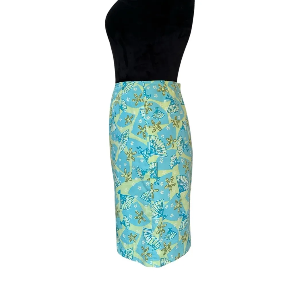 Vintage Lilly Pulitzer Fan Print Pencil Skirt Size 4 Cotton Turquoise Yellow - Image 3