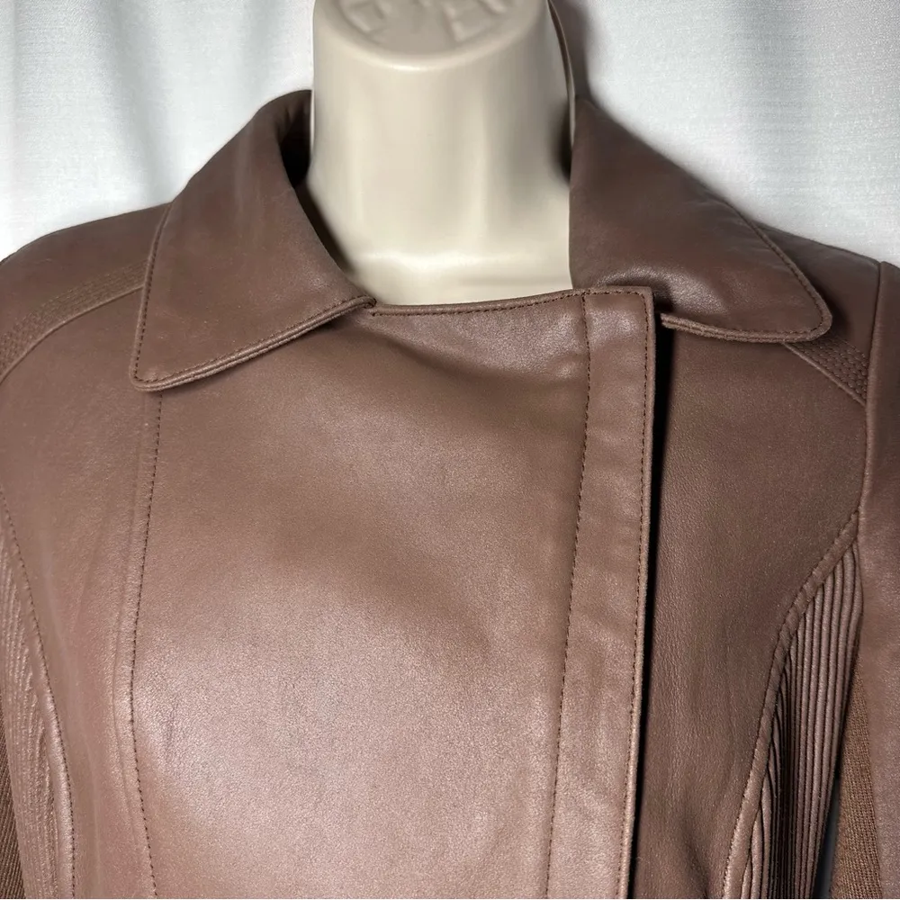 My Tribe Leather Moto Jacket Brown Full Zip Asymmetric Hem Biker Rocker XS Y2K - Image 5