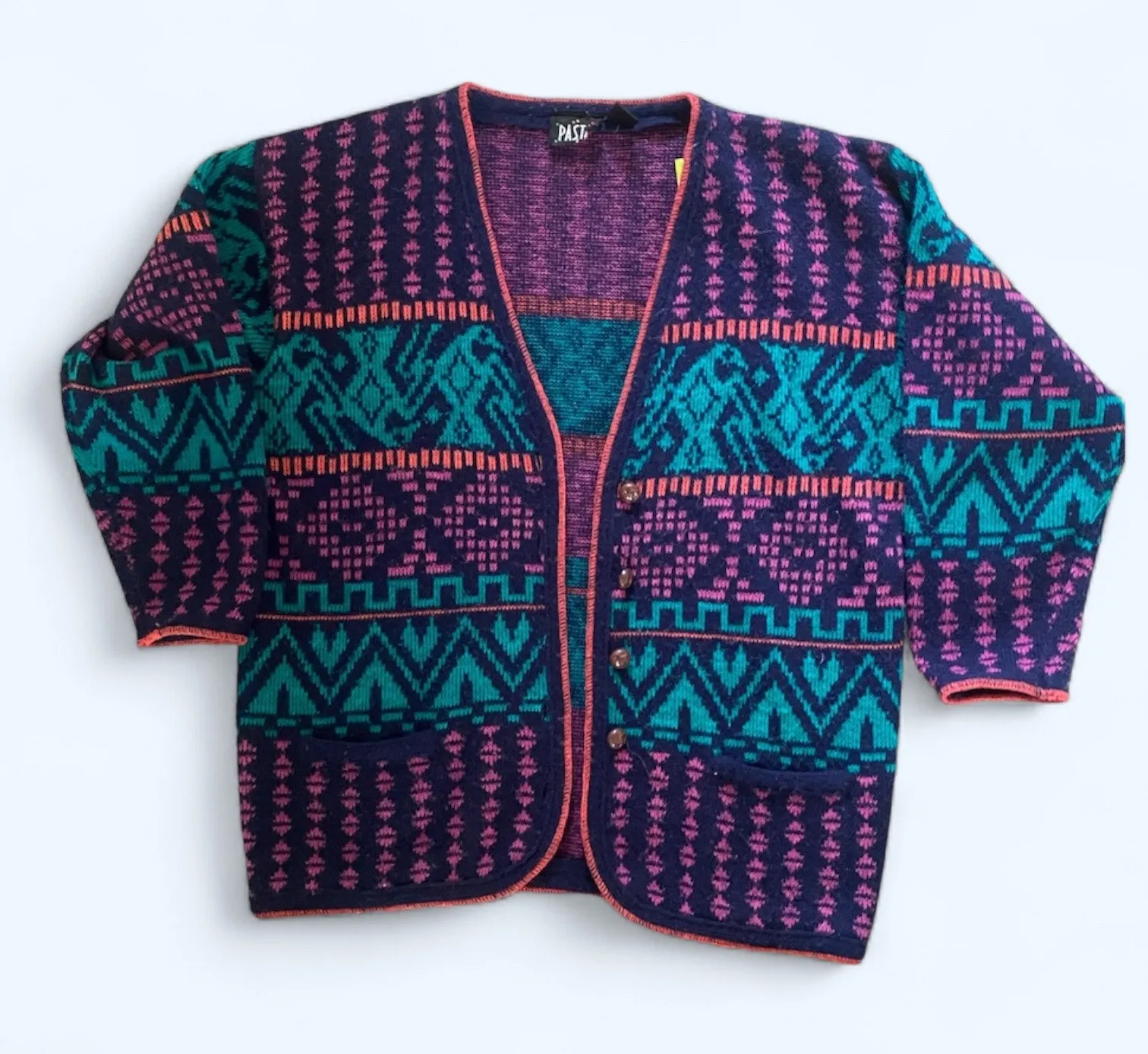 Vintage 80s Chunky Cardigan Sweater Bold Colorful Aztec Patterned Women's M Blue Size M - Image 1