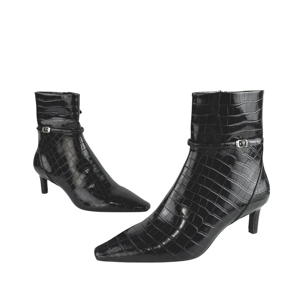 NEW Zara Black Croc Leather Buckle Pointed Toe Heeled Ankle Boots Size 41/US 10 - Image 5