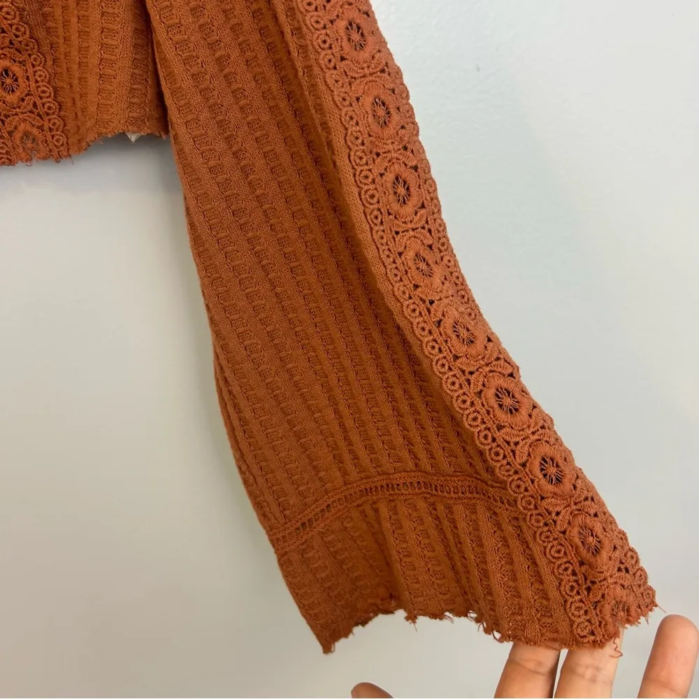 Free People Cropped Thermal Waffle Lace Orange/Brown Long Sleeve Top Size XS - Image 6