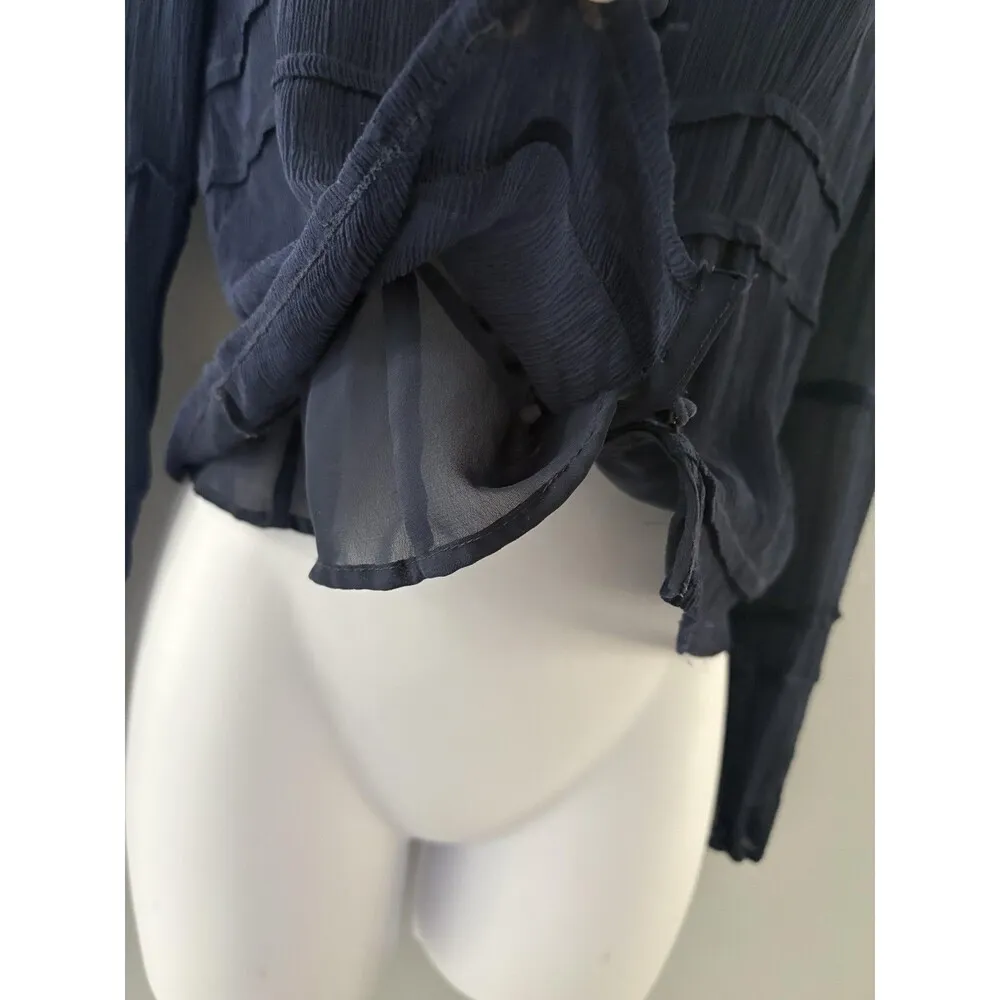 Boston Proper Blouse Womens 4 Navy Blue Silk Sheer Button Front Whimsy Luxury - Image 4