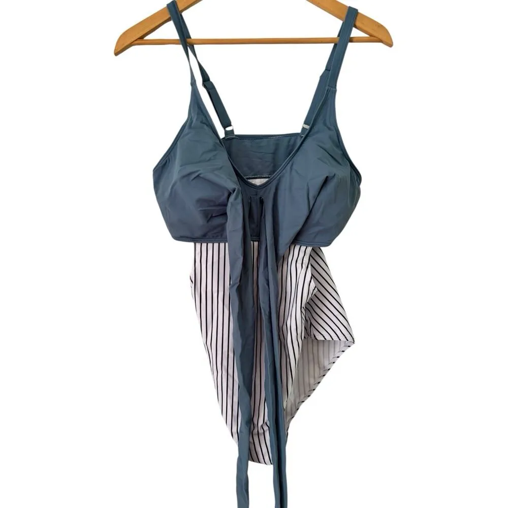 NWT Musemaker Blue Striped Tummy Control Slimming Wrap One Piece Swimsuit Large - Image 4