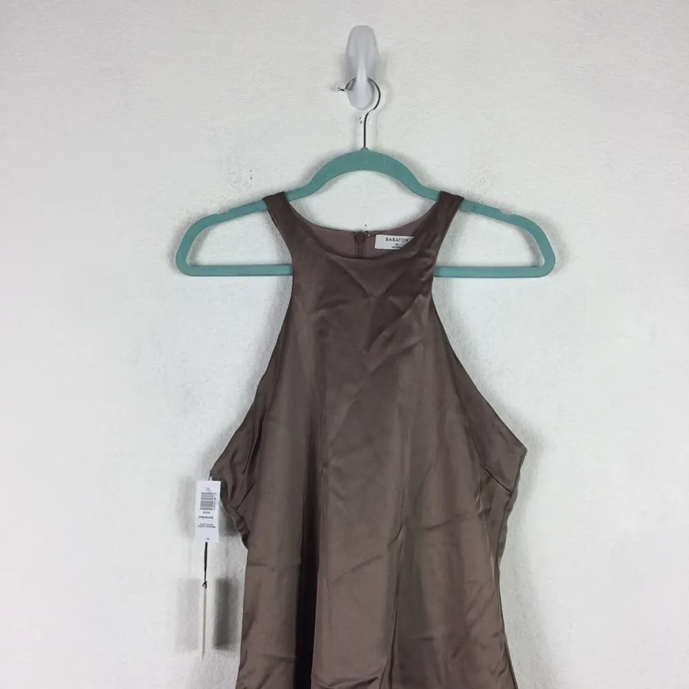Aritzia Babaton Satin Mini Dress 10 Pressure 90s Taupe High Shine Racer Back - Image 5
