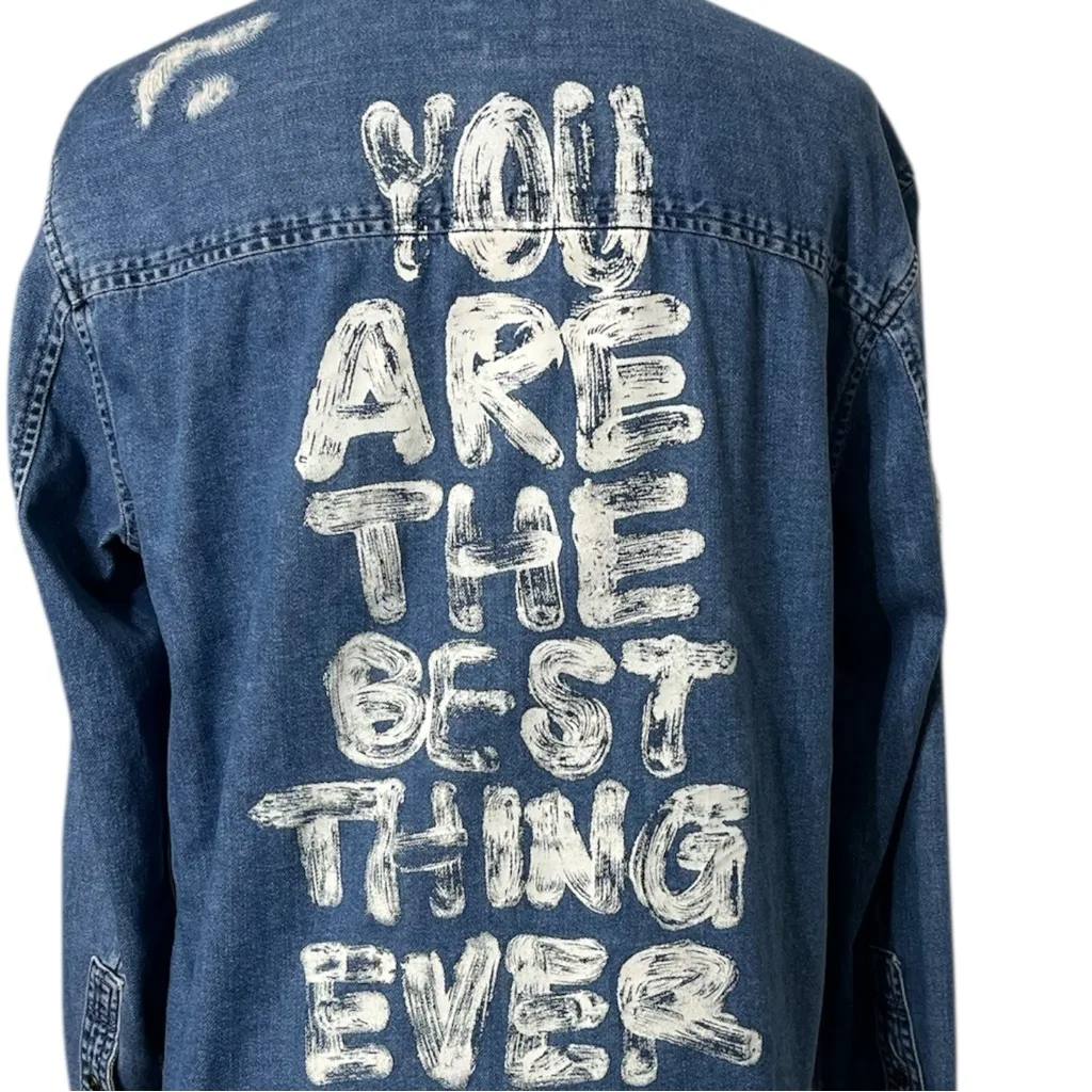 American Eagle Denim Jacket Size Medium Blue Oversized Frayed Graphic Distressed - Image 6