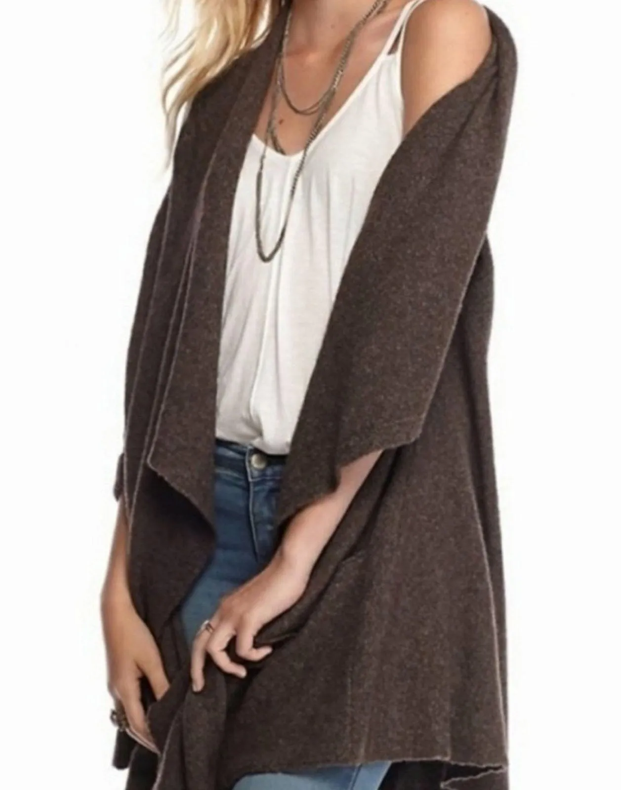 FREE PEOPLE Womens Brown Wool Blend Knit Y2K Waterfall Cardigan Sweater Small - Image 2