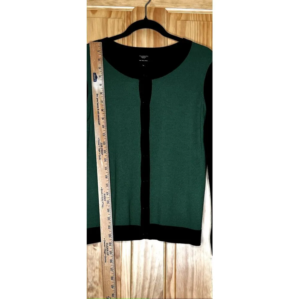 Talbots womens size LP sweater pure italian merino wool green/black button-up - Image 4