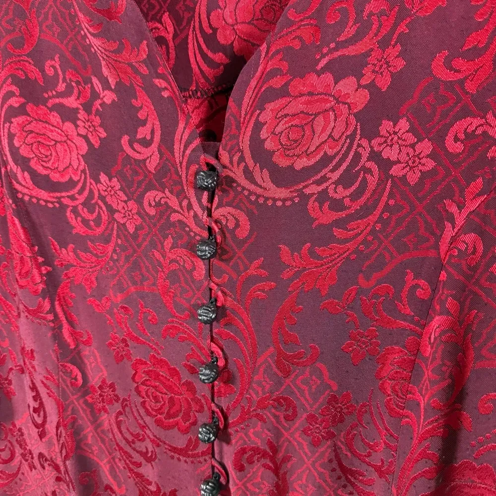 Elegant Jacquard Long Sleeve Blazer Blouse Red Black Raised Floral Shoulder Pads - Image 6