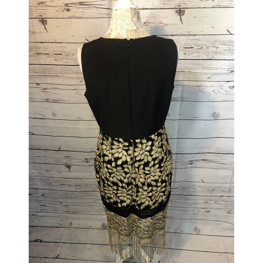Belle Badgley Mischka Black & Gold Fringe Hem Formal sleeveless Dress 12 - Image 15