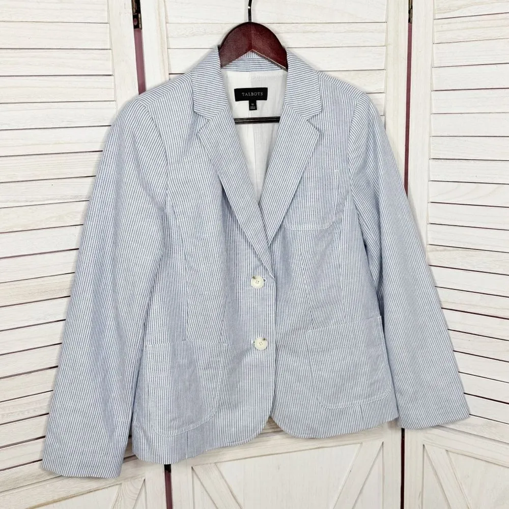 Talbots Linen Blend Seersucker Striped Blazer‎ Jacket Blue White 10 Preppy - Image 10