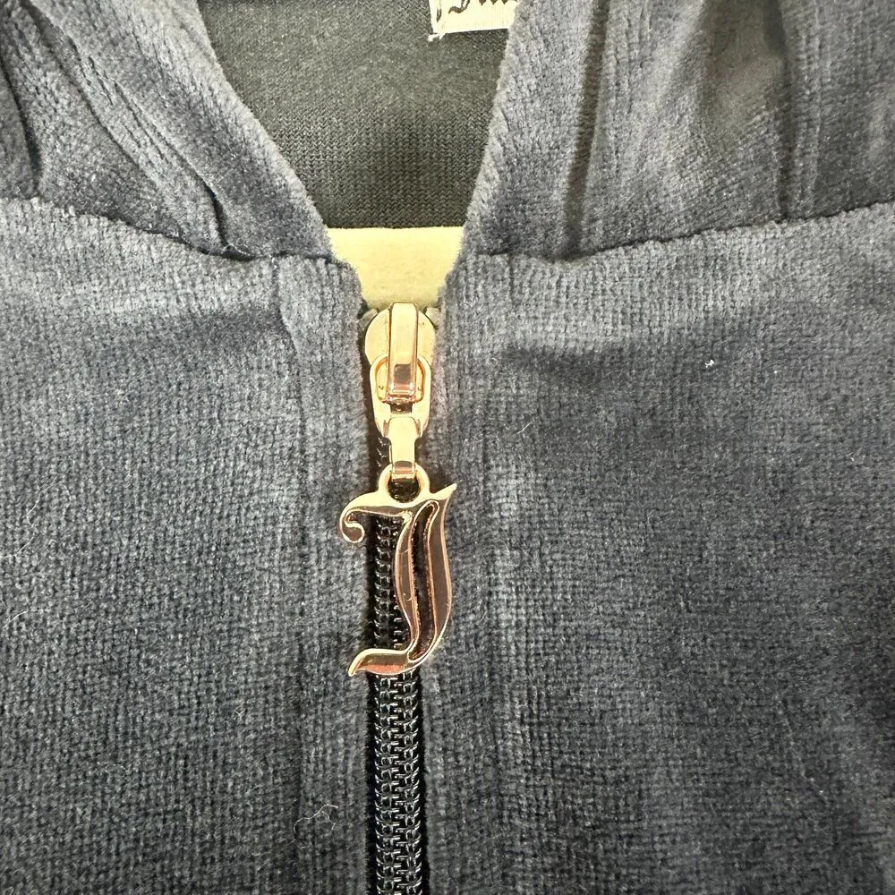 Juicy Couture Velour Full Zip Hooded Bling Jacket Size Large Navy Blue Y2K - Image 4