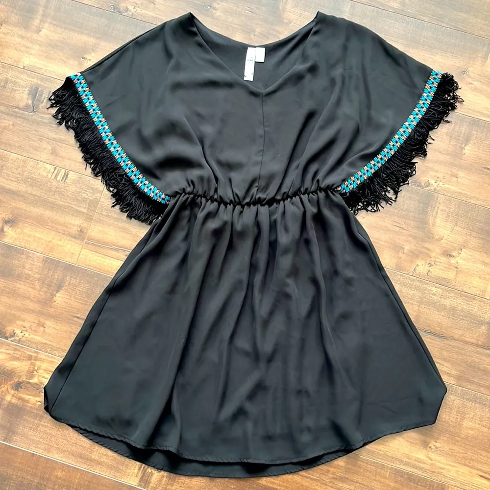 Black Dress - Magyar Dolman Fringe Sleeves - Made in the USA - Size Medium - Image 9