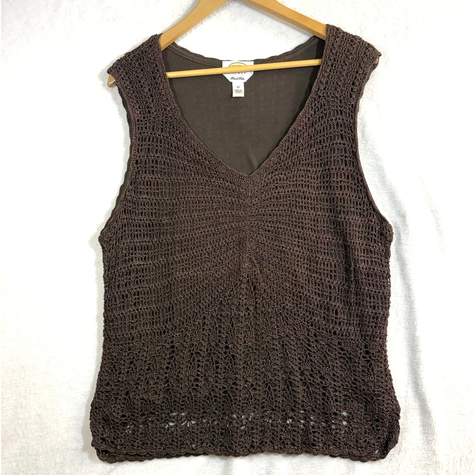 Talbots 3X Brown Hand Knit Crochet Sleeveless Tank Top Boho Y2K Woodland Fairy - Image 2