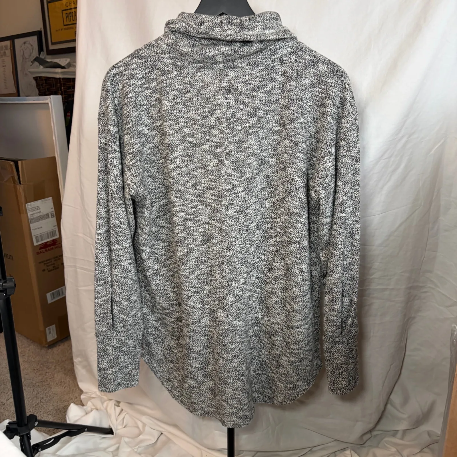 prana womens cowl neck black white heathered drawstring tunic length sweater. M - Image 6