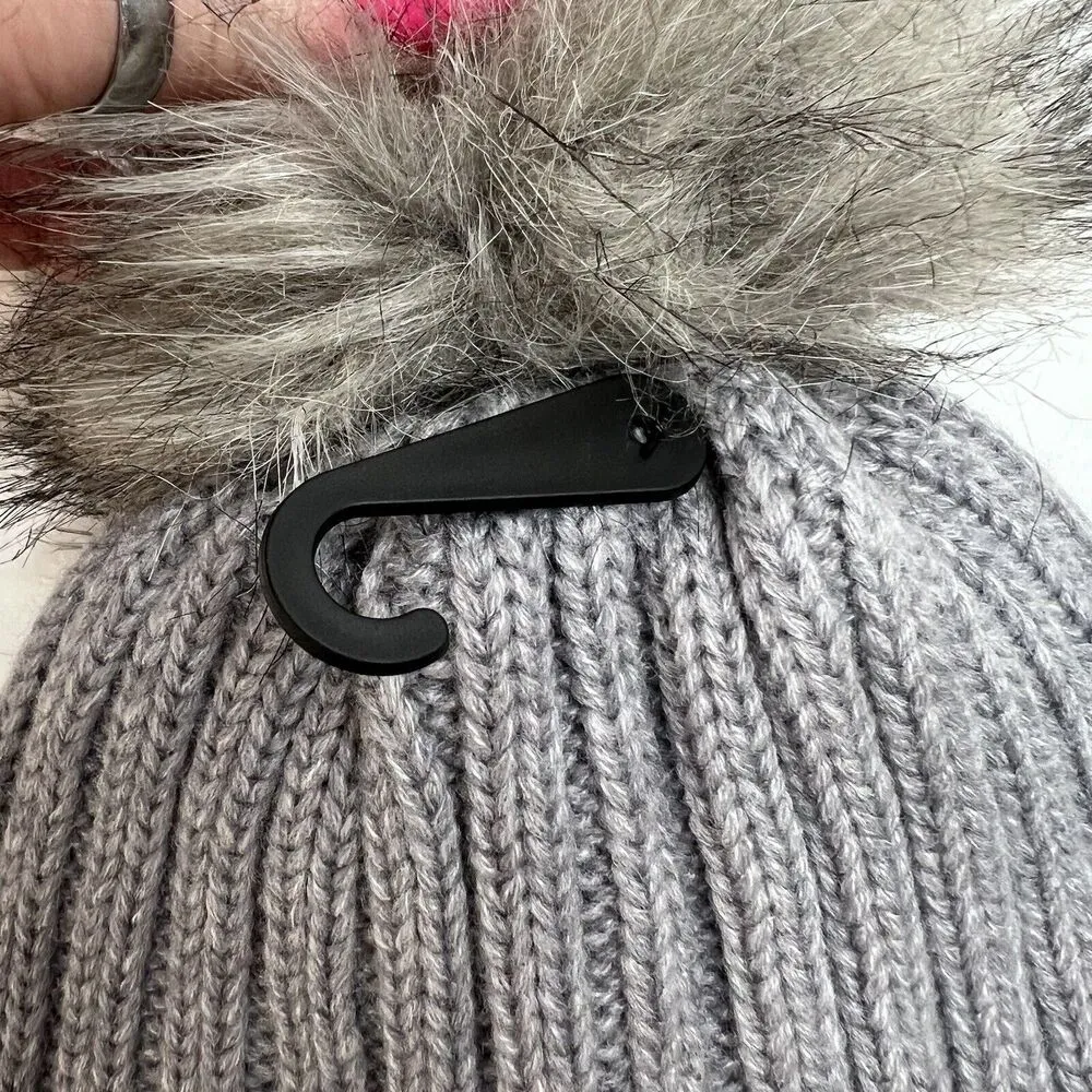 CK Calvin Klein Grey Rib Knit Winter Beanie Faux Fur Pom Pom Hat - Image 2