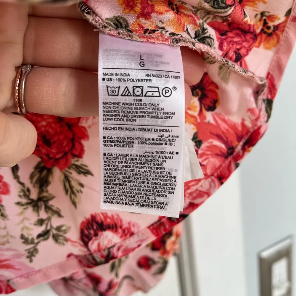 Pink ruffle peplum tie waist floral pink blouse v neck puff sleeve - Image 13