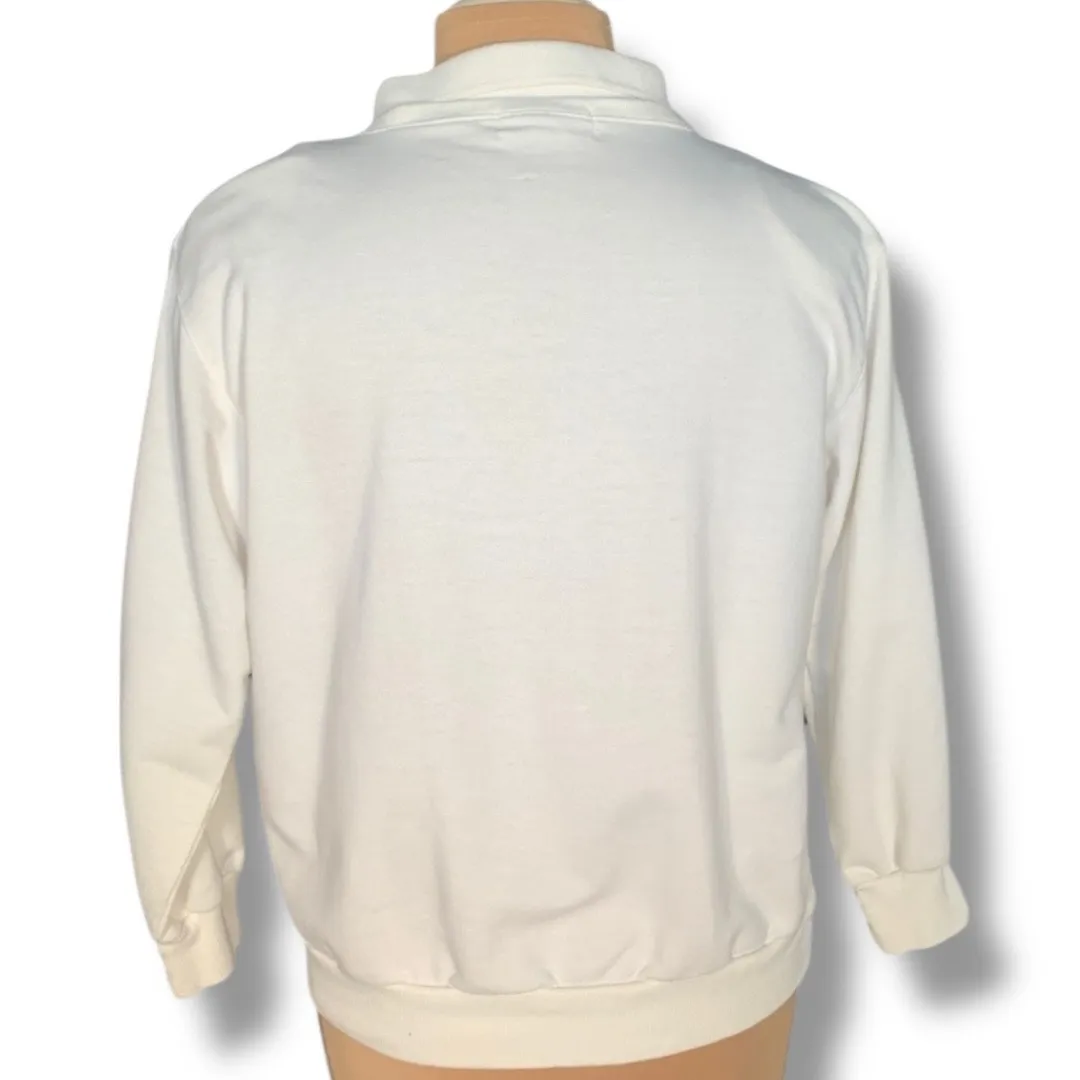 Vintage 80s White Blue Southwestern Geometric Collared Sweatshirt Size Small - Image 5