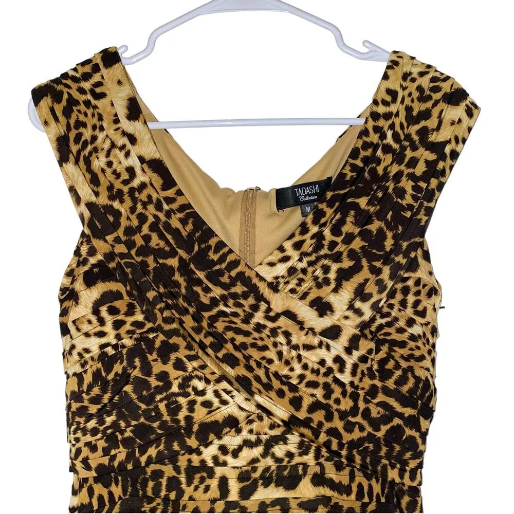 Tadashi Collection Women's Medium Leopard Print V-Neck Ruched Midi Evening Dress - Image 3