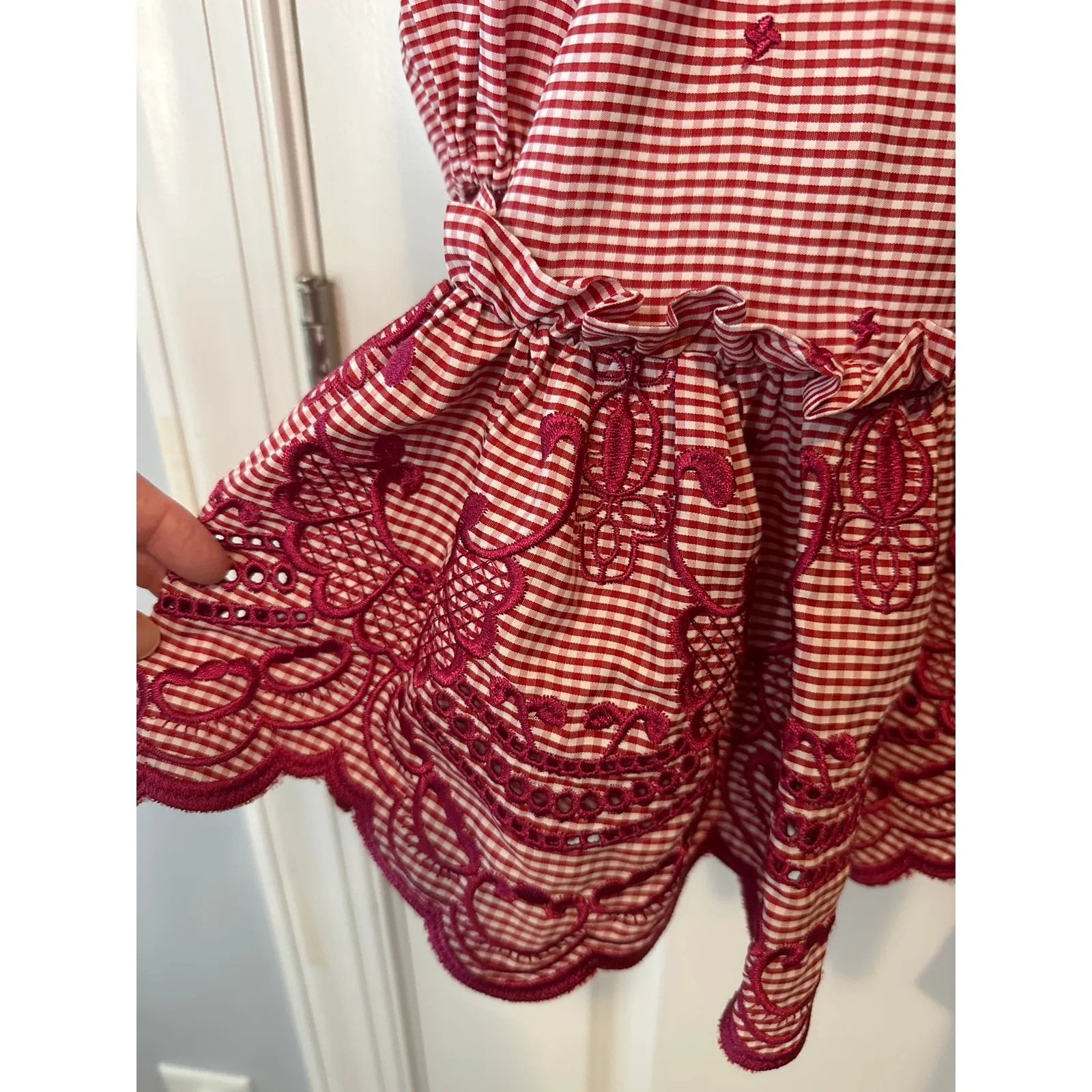 Alexis Alzena Red White Gingham Embroidered Wrap Mini Dress Size XS - Image 8