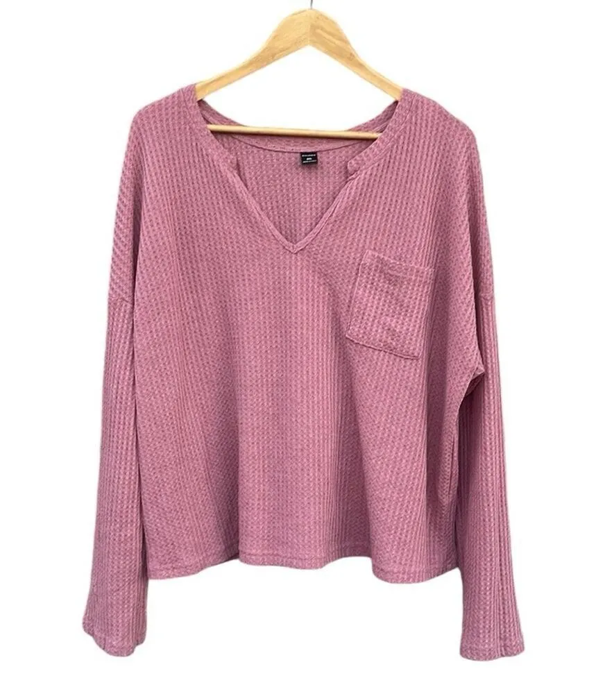 Shein mauve pink waffle knit long sleeve v-neck top size 2X - Image 6