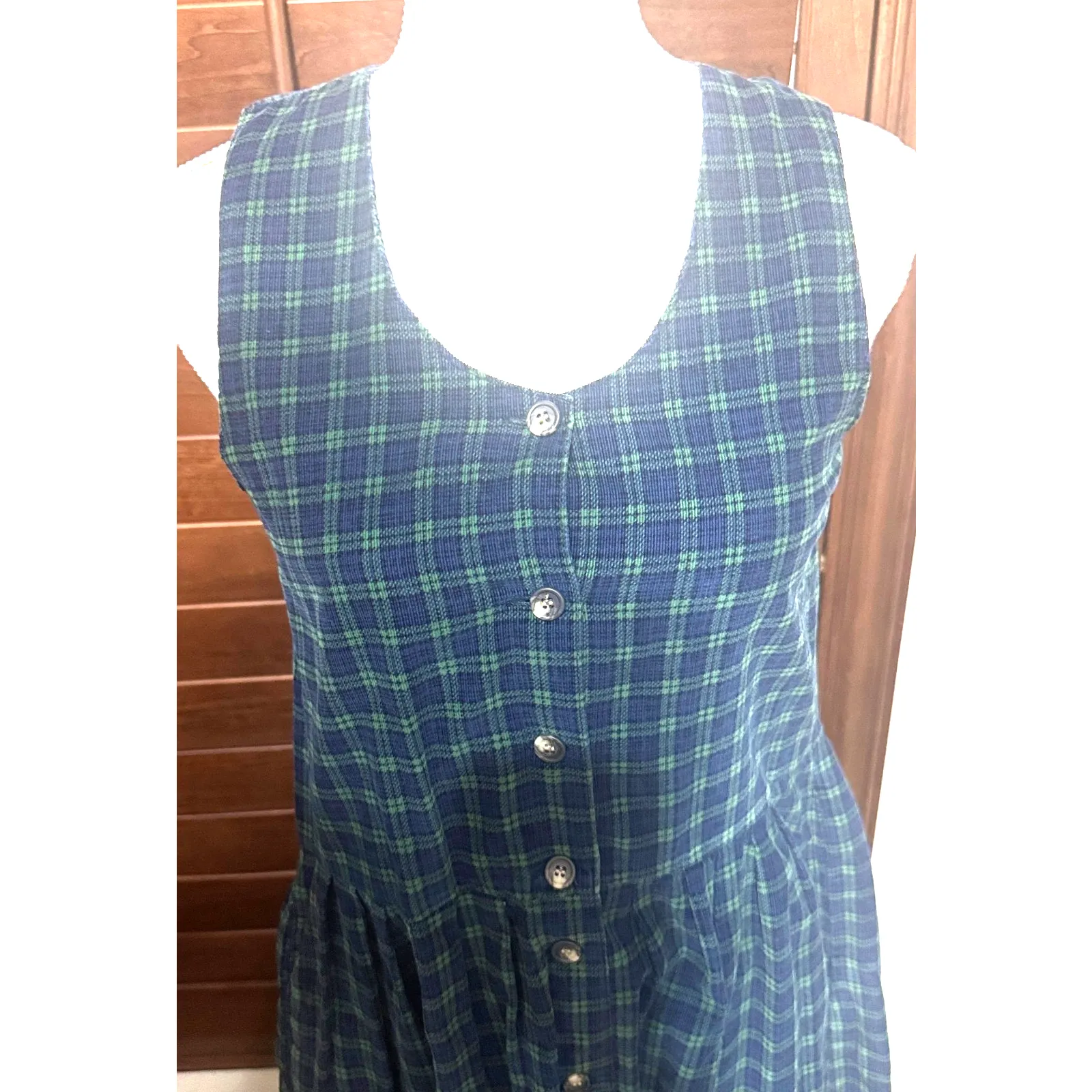 Bryn Connelly Corduroy Jumper Dress Sz 4P Tartan Plaid Navy green Midi VTG 80s Blue - Image 2