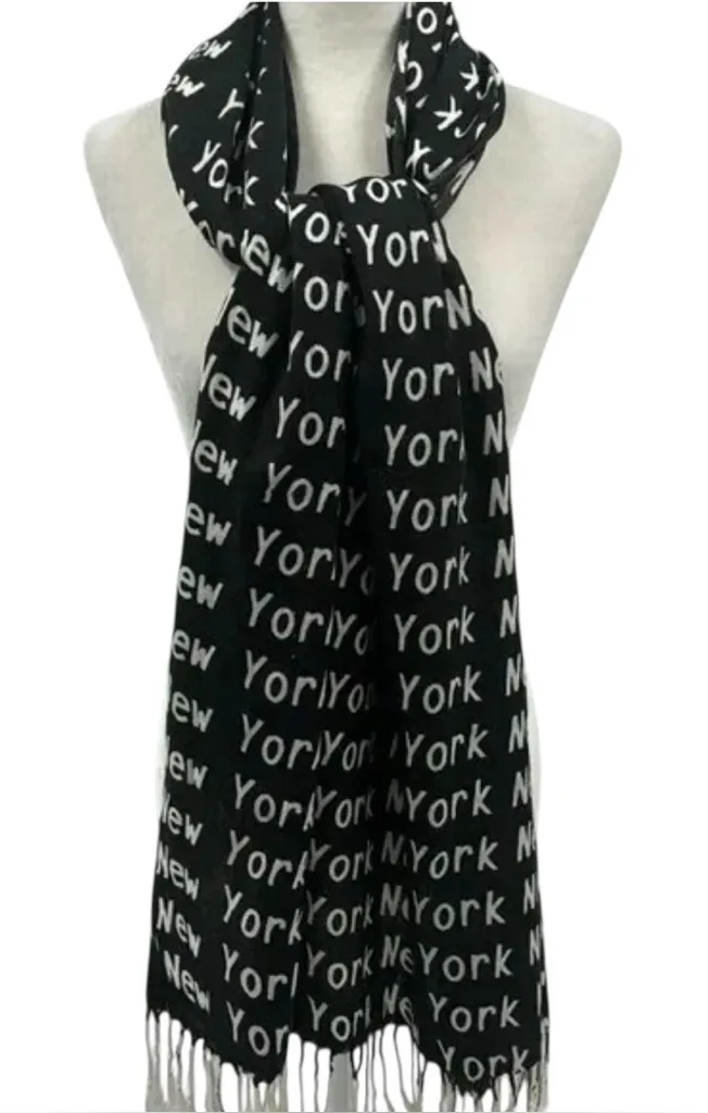 100% CASHMERE Black/White Repeating “New York” Scarf Shawl Fringe Soft EUC A - Image 1