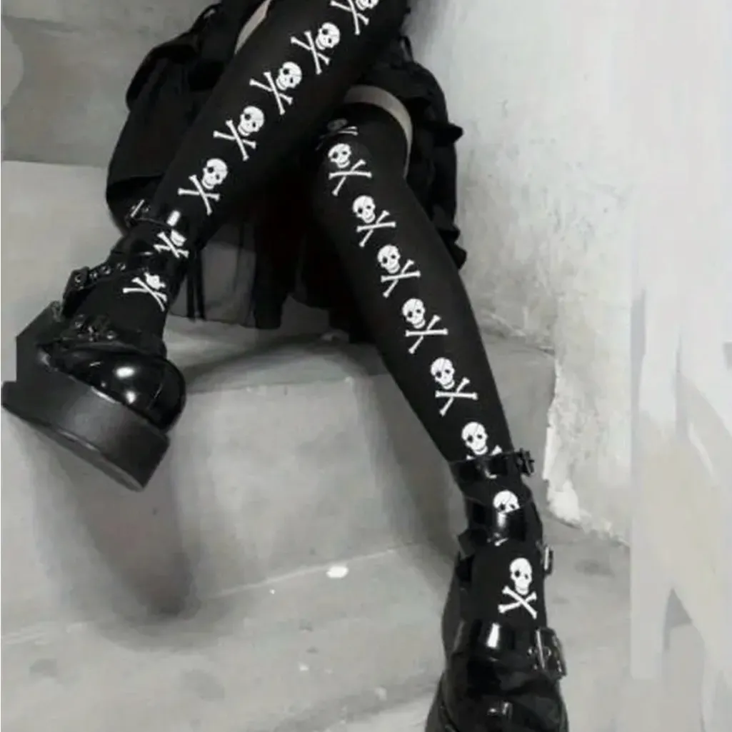 Skull Print Thigh‎ High Socks, Cosplay Over The Knee Socks
One Size Black - Image 11