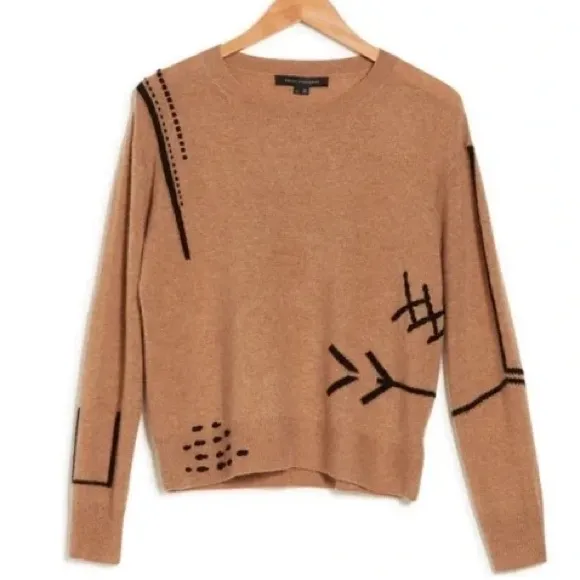 360 Cashmere Skull Sweater Tan Black Graphic Crewneck Pullover Size Small - Image 3