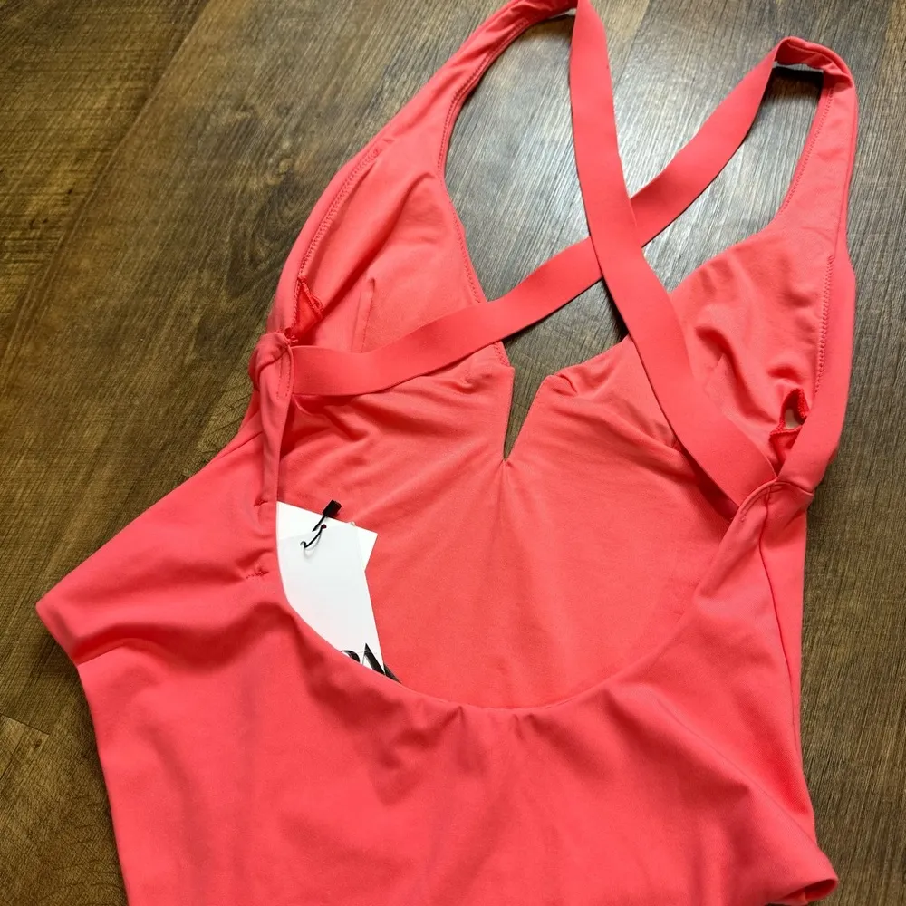 NWT ZARA Cross Strap One Piece Swimsuit Sz Medium Orange Pink Deep Vneck - Image 14