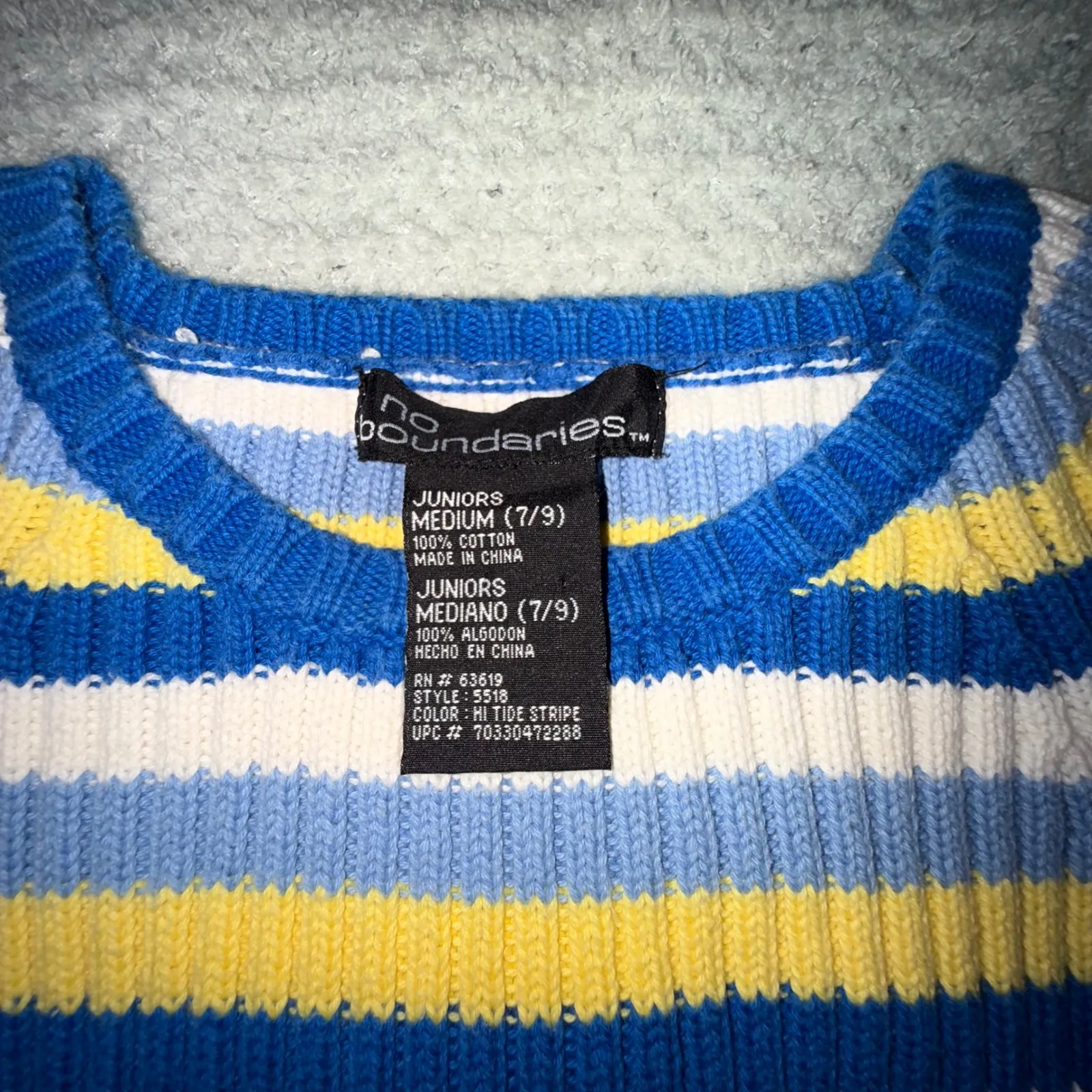 VTG No Boundaries Striped Knit Top M Rachel Green Blue Yellow White‎ Ribbed Y2K - Image 2