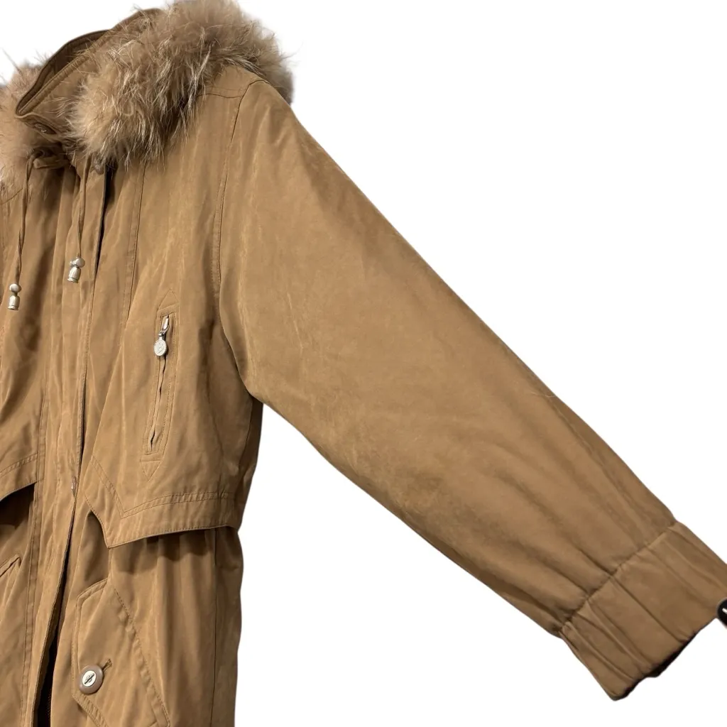 Bernardo Faux Suede Fall Winter Coat Size Small Raccoon Fur Trim Hood Womens - Image 5