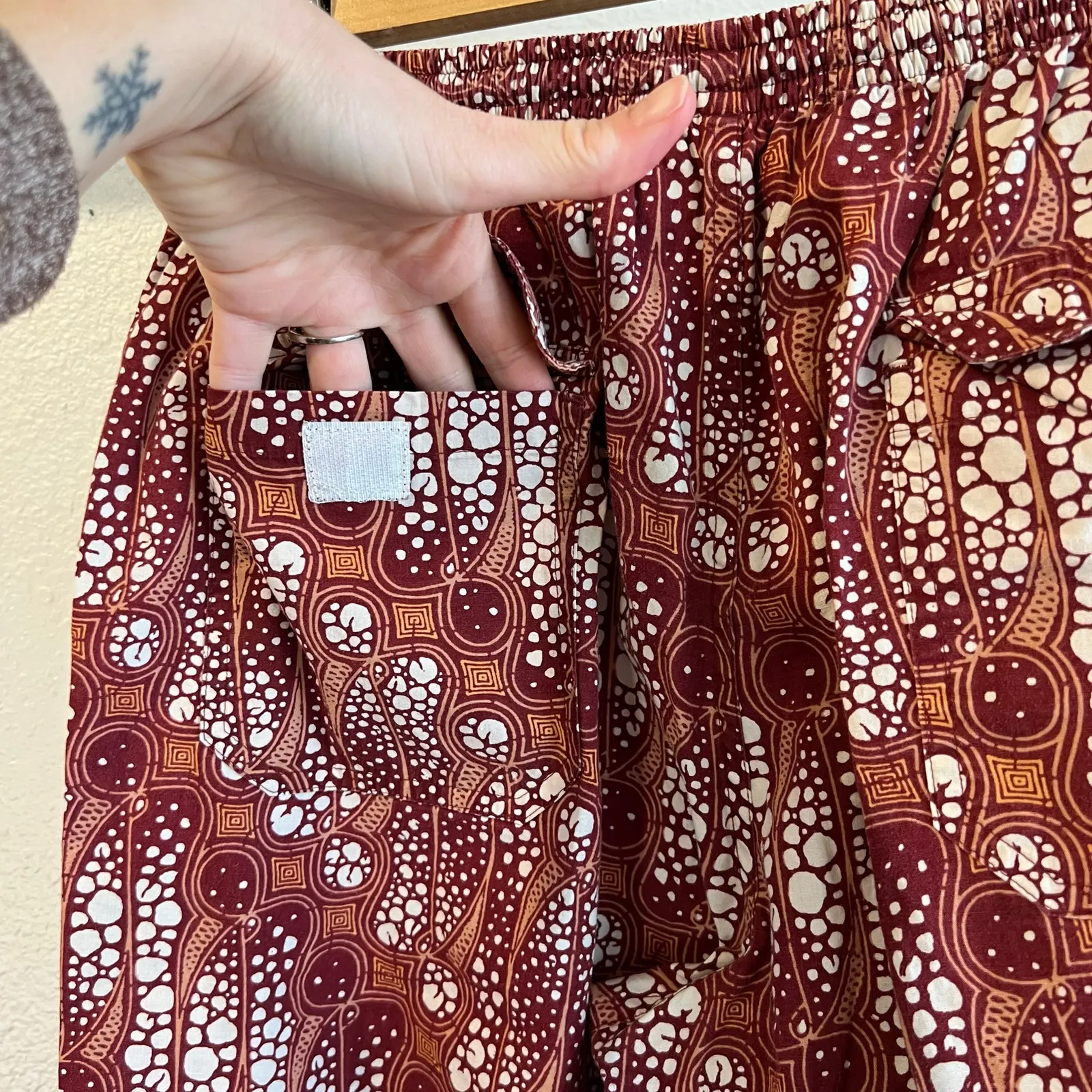 Batik Keris Cotton Red Orange Print Drawstring Baggy Relaxed Pants Size Small - Image 6