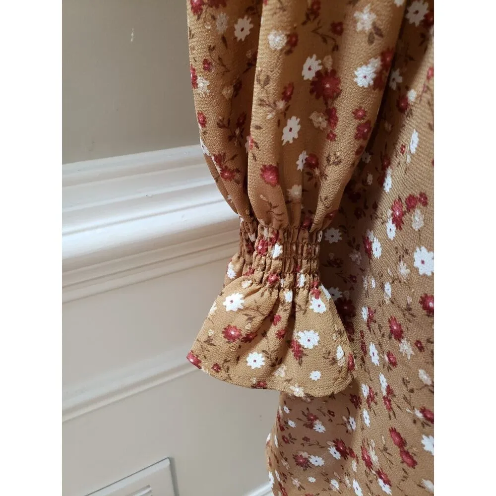 Est 1946 Women's Brown Lined Floral Long Sleeve Crew Neck Shift Dress Size Large - Image 5