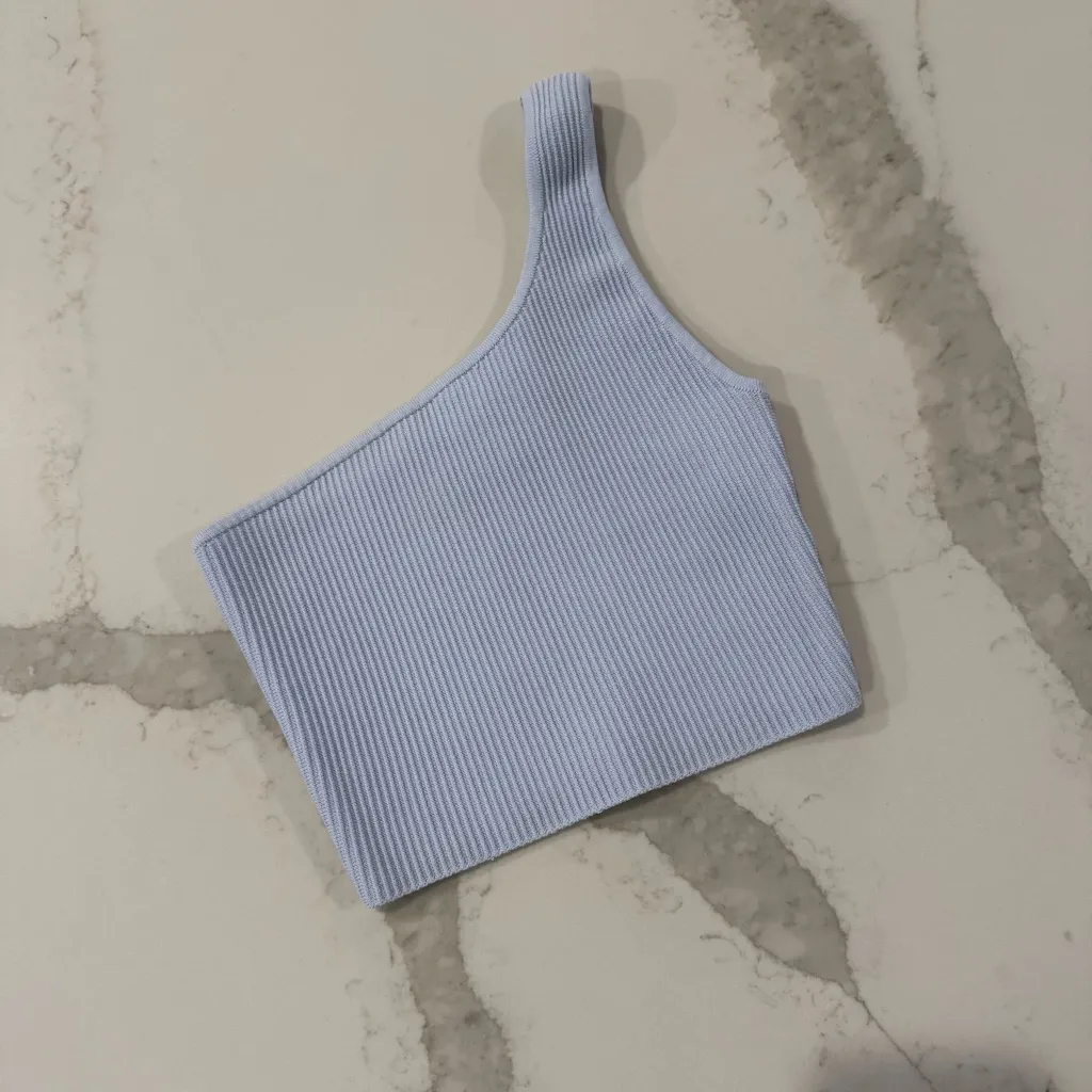 Babaton Aritzia Sculpt Knit One Shoulder Cropped Ribbed Tank Women’s Small Blue - Image 5