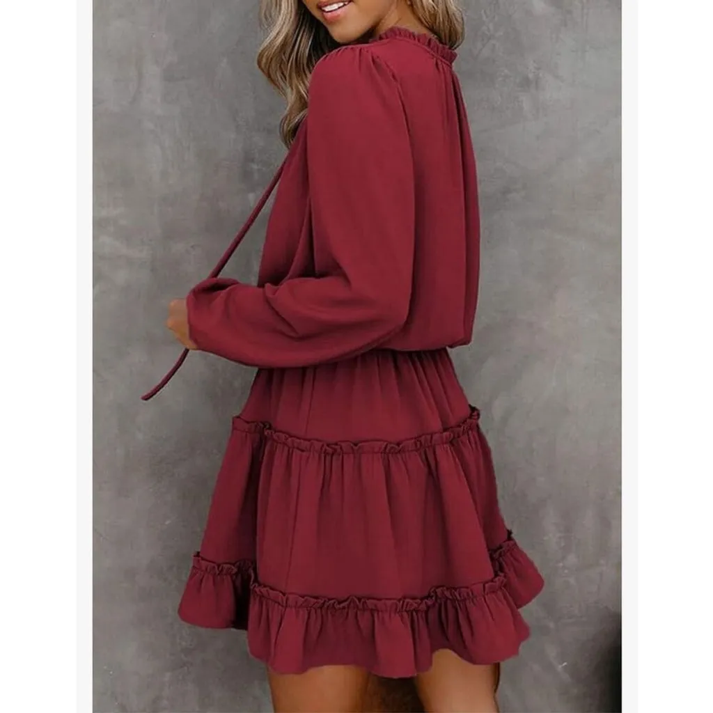 NEW Red Split V Neck Ruffle Chiffon Elegant Mini Short Skirt Dress L Size L - Image 2