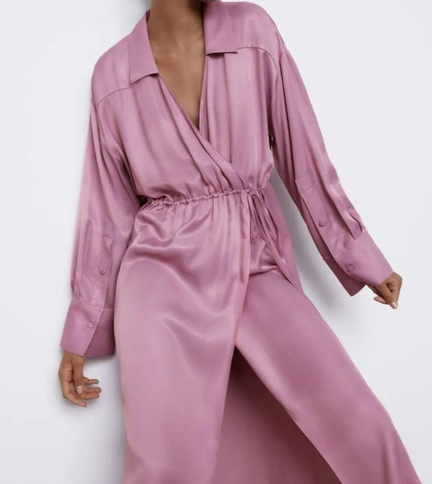 Zara SATIN EFFECT WRAP MIDI V-NECK DRESS Size XS NEW - Image 4