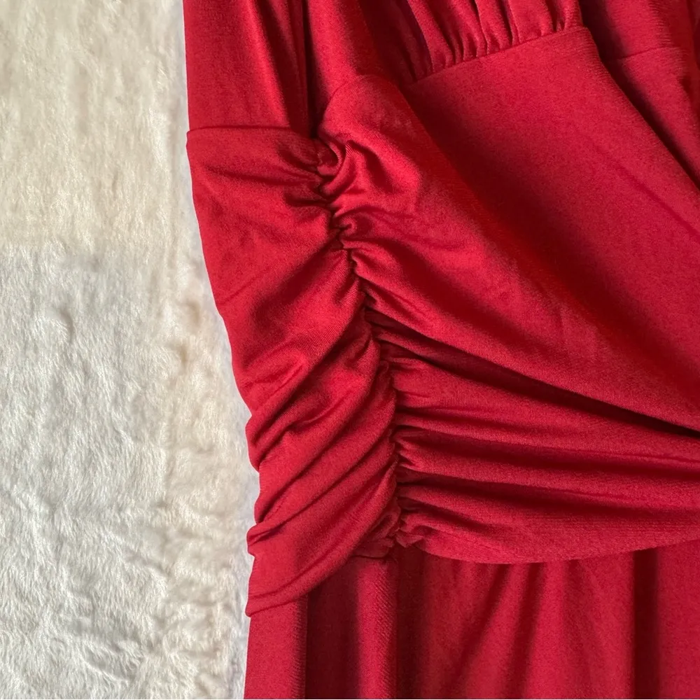 South Grand Burgundy Sleeveless Surplice Front Swing Dress Stretch Ruched Waist - Image 4