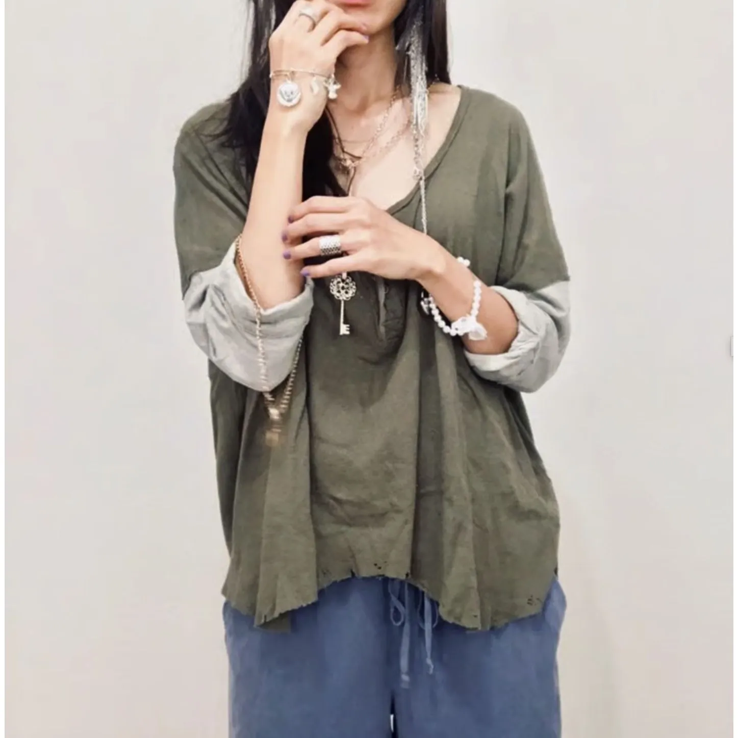 Free People Henley Top Women XS Green Oversized Crop Distress Linen Blend Grunge - Image 4